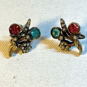 Vintage brass rose and blue pearl clip floral earrings